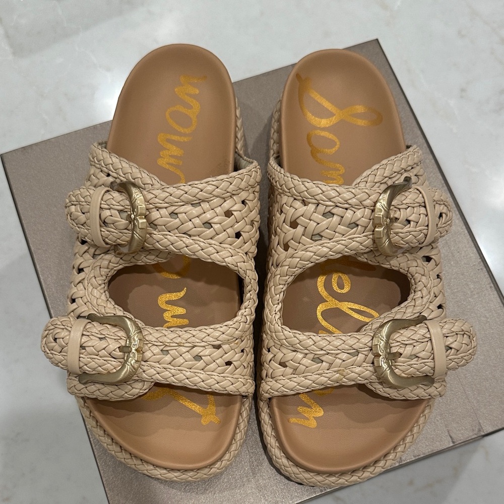 Sam Edelman Tan Braided Buckle Slides